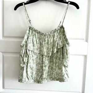 Cute green floral summer top with spaghetti straps and off the shoulder sleeves